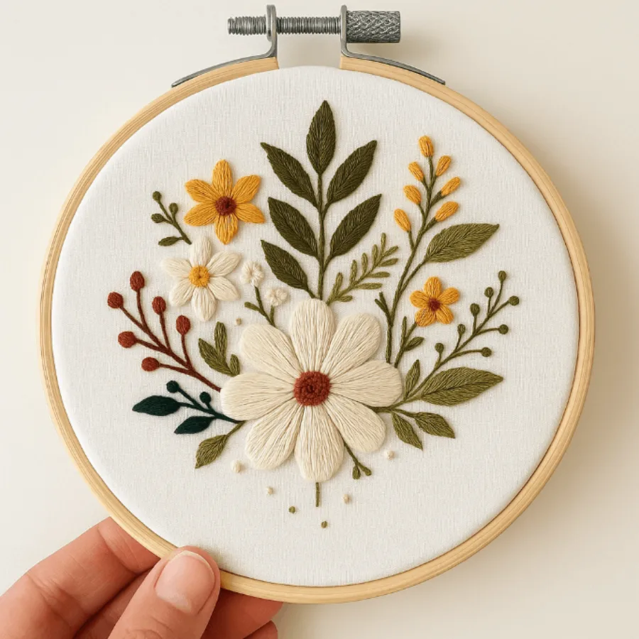 Peça bordada à máquina — buquê de flores