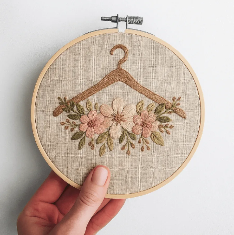 Peça bordada à máquina — cabide com flores